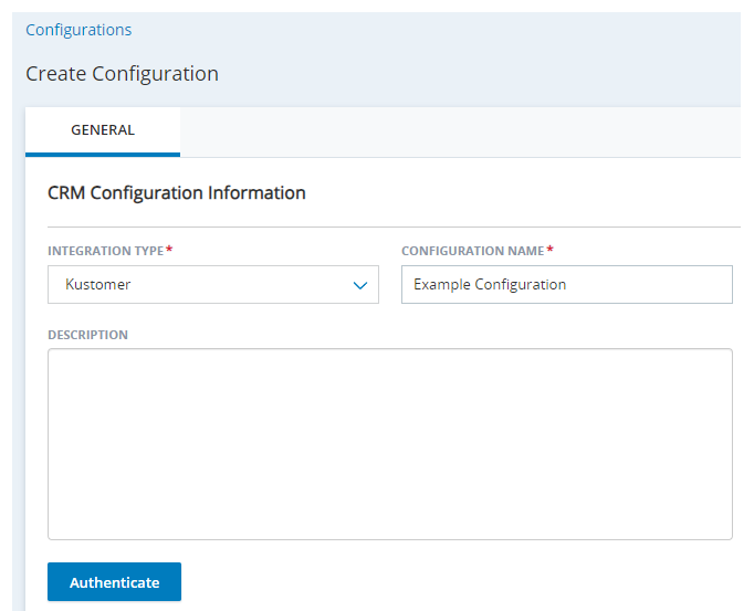 The Create Configuration page in Agent Integrations, with fields for Integration Type, Configuration Name, and Description.