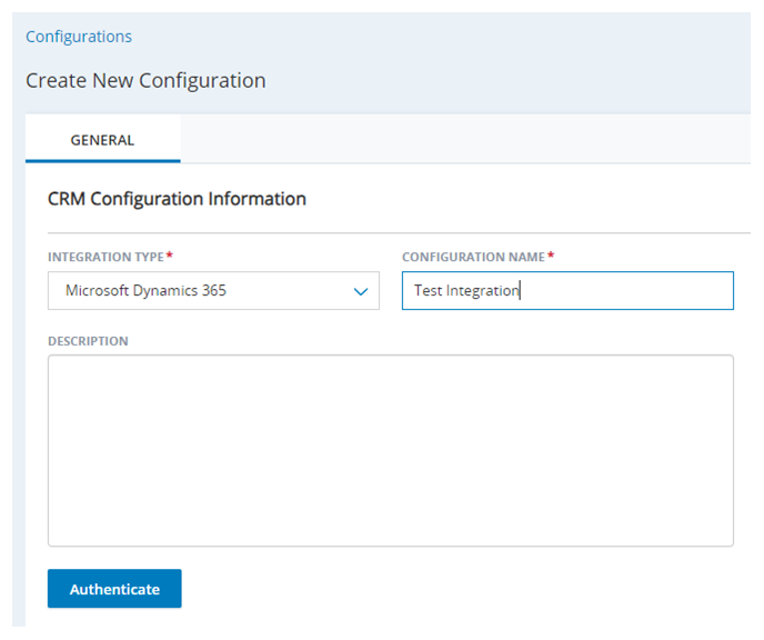 The Create New Configuration page in Agent Integrations, with fields for Integration Type, Configuration Name, and Description.