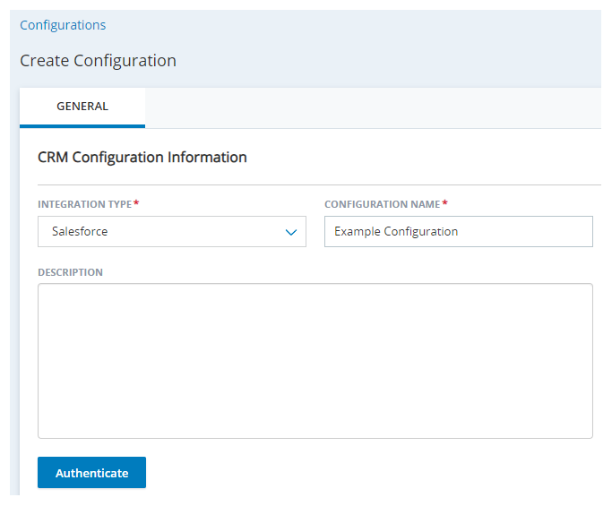 The Create Configuration page in Agent Integrations, with fields for Integration Type, Configuration Name, and Description.