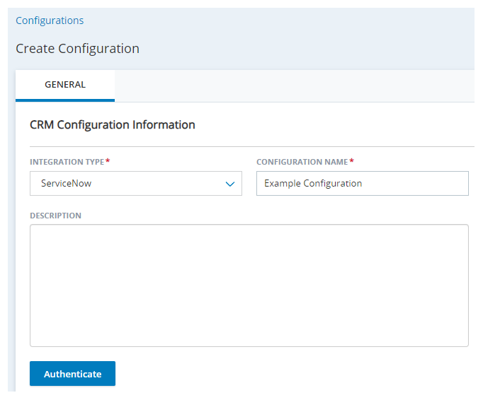 The Create Configuration page in Agent Integrations, with fields for Integration Type, Configuration Name, and Description.