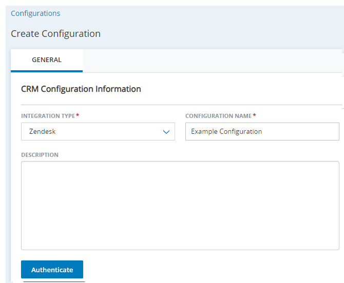 The Create Configuration page in Agent Integrations, with fields for Integration Type, Configuration Name, and Description.