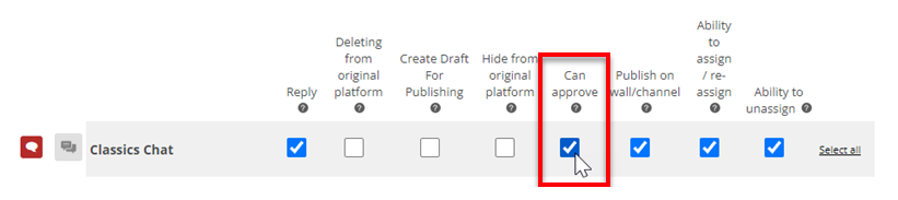 The channel name is on the left. The Can approve checkbox is fifth in the row next to it.