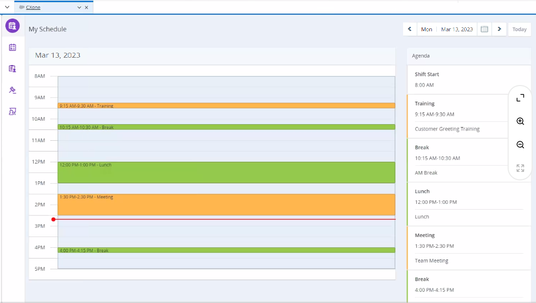 The WEM schedule in Salesforce Agent Lightning, showing psat and upcoming commitments and events.