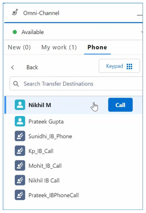 The Address Book in Agent Workspace for Salesforce Voice (Agent for SCV), with a search box and a list of agents and skills.