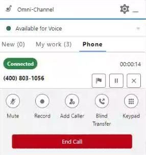 An active call in Agent Workspace for Salesforce Voice (Agent for SCV), with the contact's info, the duration, call controls, and an End Call button.