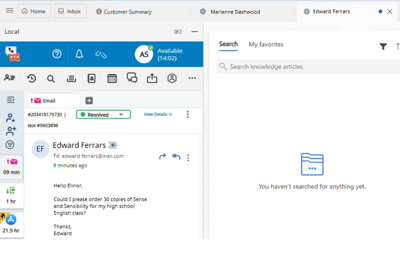 In Agent Workspace (Embedded) (Agent Embedded), Edward's email is selected. In Microsoft Dynamics, a blue dot appears next to Edward's session. 
