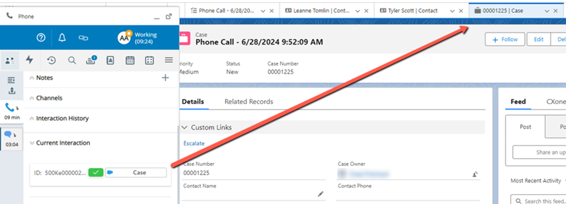 The case record in the Current Interaction section in Agent Workspace (Embedded) (Agent Embedded) is open in Salesforce.