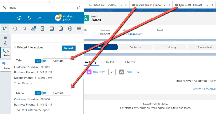 The contact records in the Related Interactions section in Agent Workspace (Embedded) (Agent Embedded) is open in Salesforce but not focused.