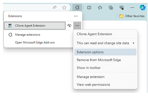 Options, the icon of three dots, next to Agent Workspace (Agent) Browser Extension is clicked. Another pop-up lists the option for Show in toolbar.
