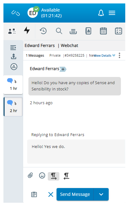 Active interactions are listed on the left. The top menu shows icons for navigation.