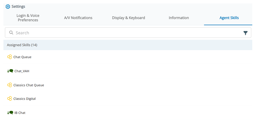 The Agent Skills tab in Settings, showing a search bar, a filter icon, and a list of the skills you're assigned to.