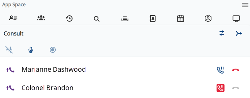 The Multi-party space is opened in the App Space. Both contacts are shown in a consult, with options to mask, mute, and record.