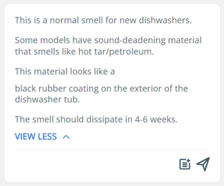 A card in Copilot for Agents with info from a KB article. Below are icons to Insert Article and Send Article.