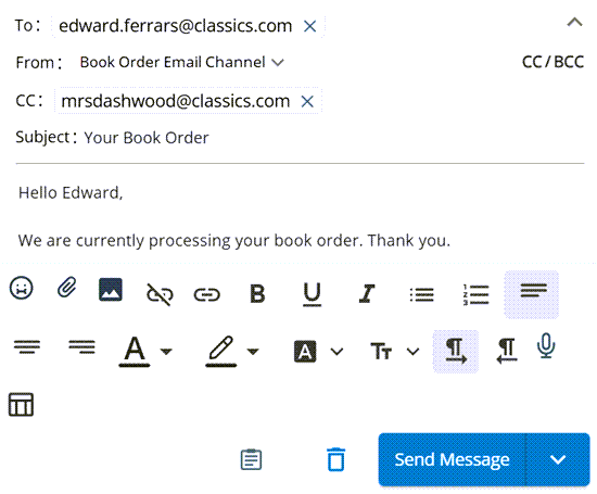 An email draft. Includes the To field, a response field, text editor options, and a Send Message button.