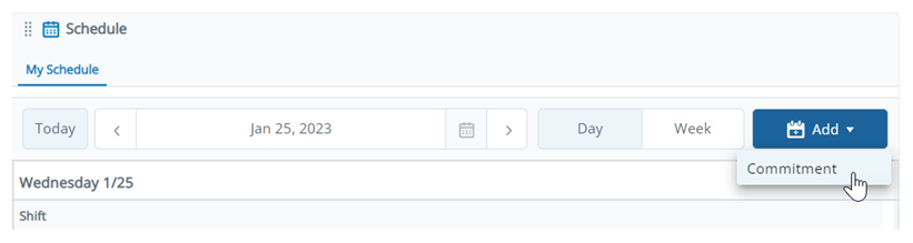 In Schedule, the user has clicked Add, and their cursor hovers over Commitment.