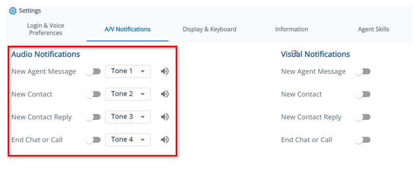 The Audio Notifications section, with options for New Agent Message, New Contact, New Contact Reply, and End Chat or Call.