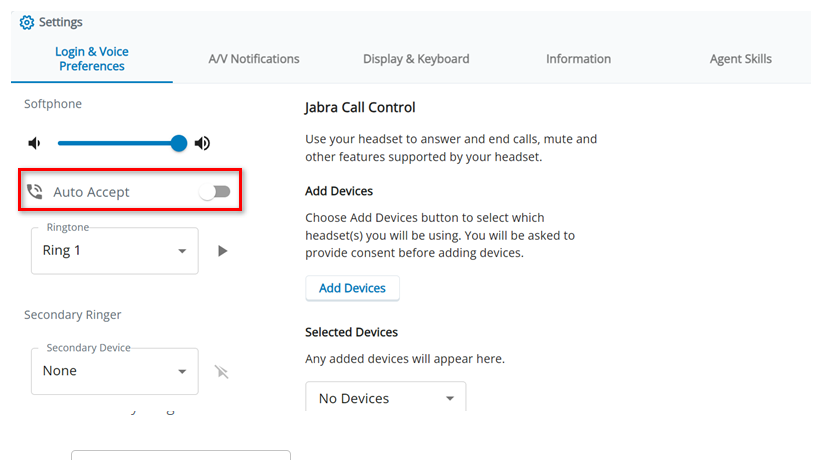 Auto Accept is under the Softphone section on the Login and Voice Preferences tab in Settings.