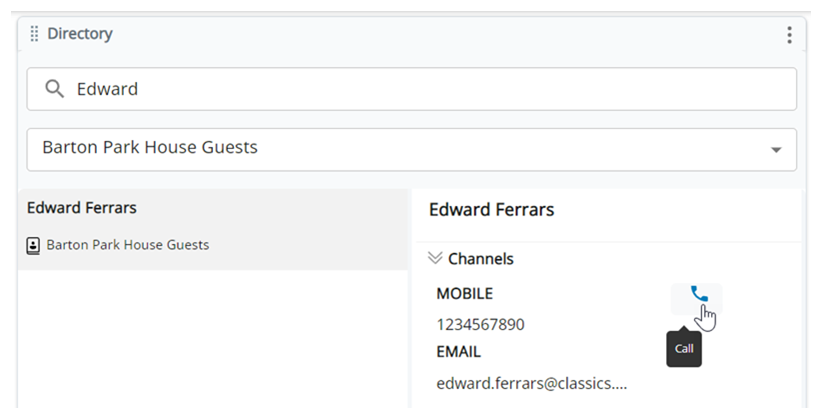 A name is searched. The contact's name appears. Under the Channels drop-down, their phone number appears. The cursor hovers over the icon of a phone.