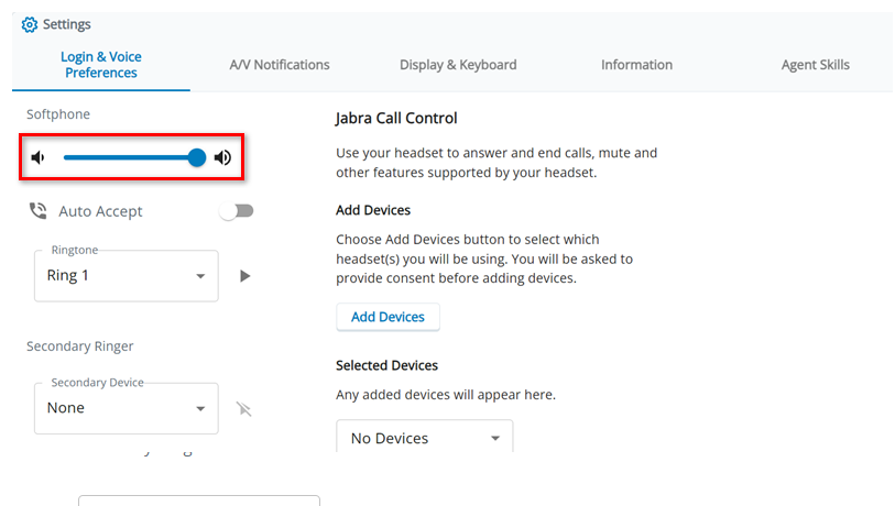 The volume adjuster is under the Softphone section on the Login and Voice Preferences tab in Settings.