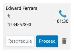 A Commitment in the Interactions Menu, showing the contact's name, buttons for Reschedule and Proceed, and a trash can icon for Remove.
