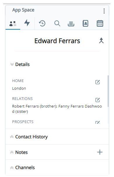 Customer Card, with the contact's name at the top, then drop-down tabs labeled Details, Contact History, Notes, and Channels.