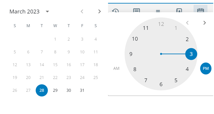 A calendar opens first, then a clock.