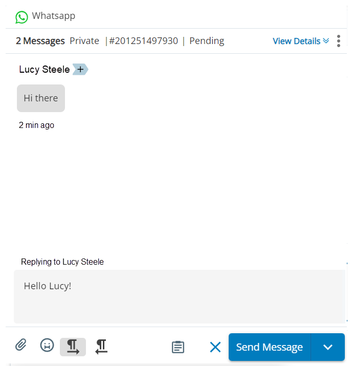 A WhatsApp message draft, with the contact's messages, a text box, and a Send Message button.