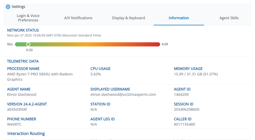 The Information tab in Settings, showing a network status bar and your account and system information.