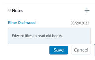 The Notes section is expanded, showing an Add icon of a plus sign, the writer's name, the date, a text box to enter notes, and Save and Cancel buttons.