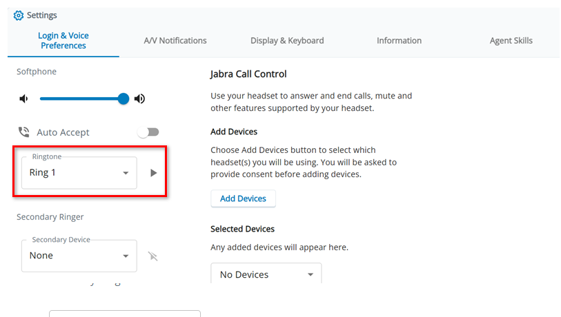 The Ringtone setting is in the Softphone section on the Login and Voice Preferences tab in Settings.