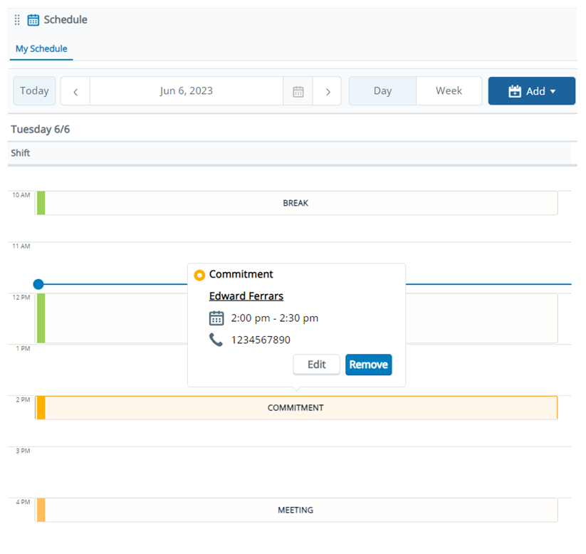 The Schedule space, showing daily activities, including a scheduled commitment.