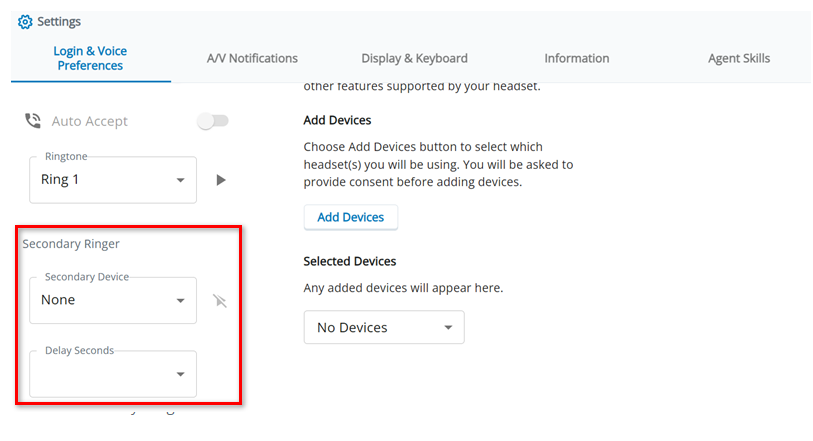 The Secondary Ringer section in Settings is on the Login and Voice Preferences tab.