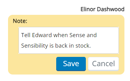 A yellow box labeled Note has a text box and buttons for Save and Cancel. The name of the agent who wrote the note appears above it.