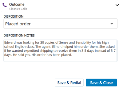 The Outcome panel shows fields for Disposition and Disposition Notes, as well as a Save & Redial button and a Save & Close button.
