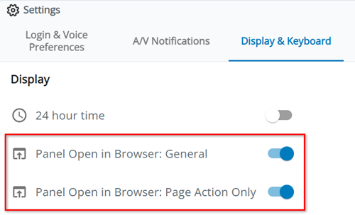The Panel Open in Browser: General and Panel Open in Browser: Page Action Only settings are on the Display & Keyboard tab in Settings.