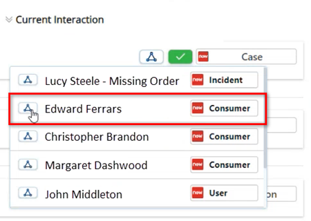 Relates To next to the case is clicked. In the list, the cursor hovers over Relates To for Edward Ferrars’ consumer.