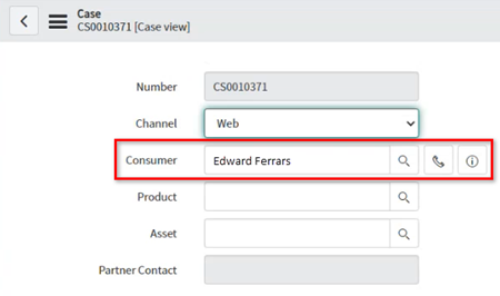 In the case in ServiceNow, the selected consumer name appears in the consumer field.