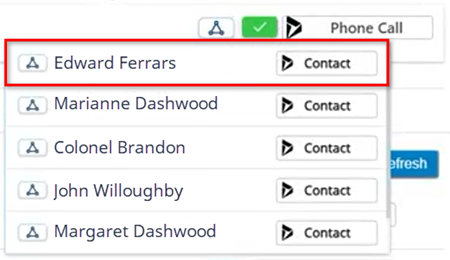 Relates To next to the phone call call is clicked. In the list, the cursor hovers over Relates To for Edward Ferrars’ contact.