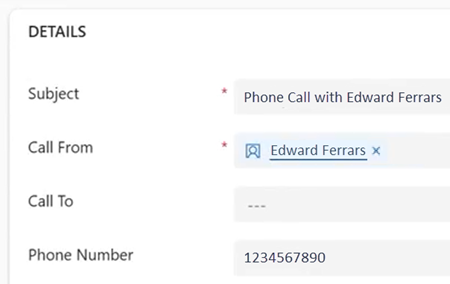 In the phone call in Microsoft Dynamics, the selected contact name appears in the Call From field.