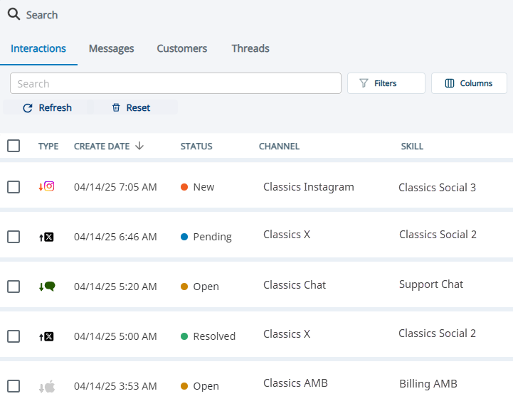 The Interactions tab in Search, showing a search bar, buttons for Filters and Customize, and a table of results listing interactions.