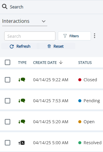 The Interactions tab in Search, showing a search bar, a button for Filters, and a table of results listing interactions.