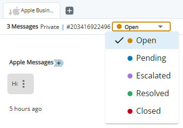 The drop-down above the messages is clicked, and color-coded options for Open, Pending, Escalated, Resolved, and Closed appear.