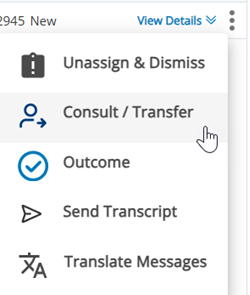 The Options icon, three vertical dots, is clicked, and the cursor hovers over the Consult/Transfer icon: a person with a right arrow.