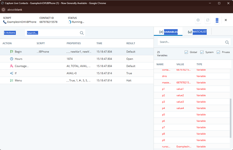 The script trace showing the variables in the BEGIN action.