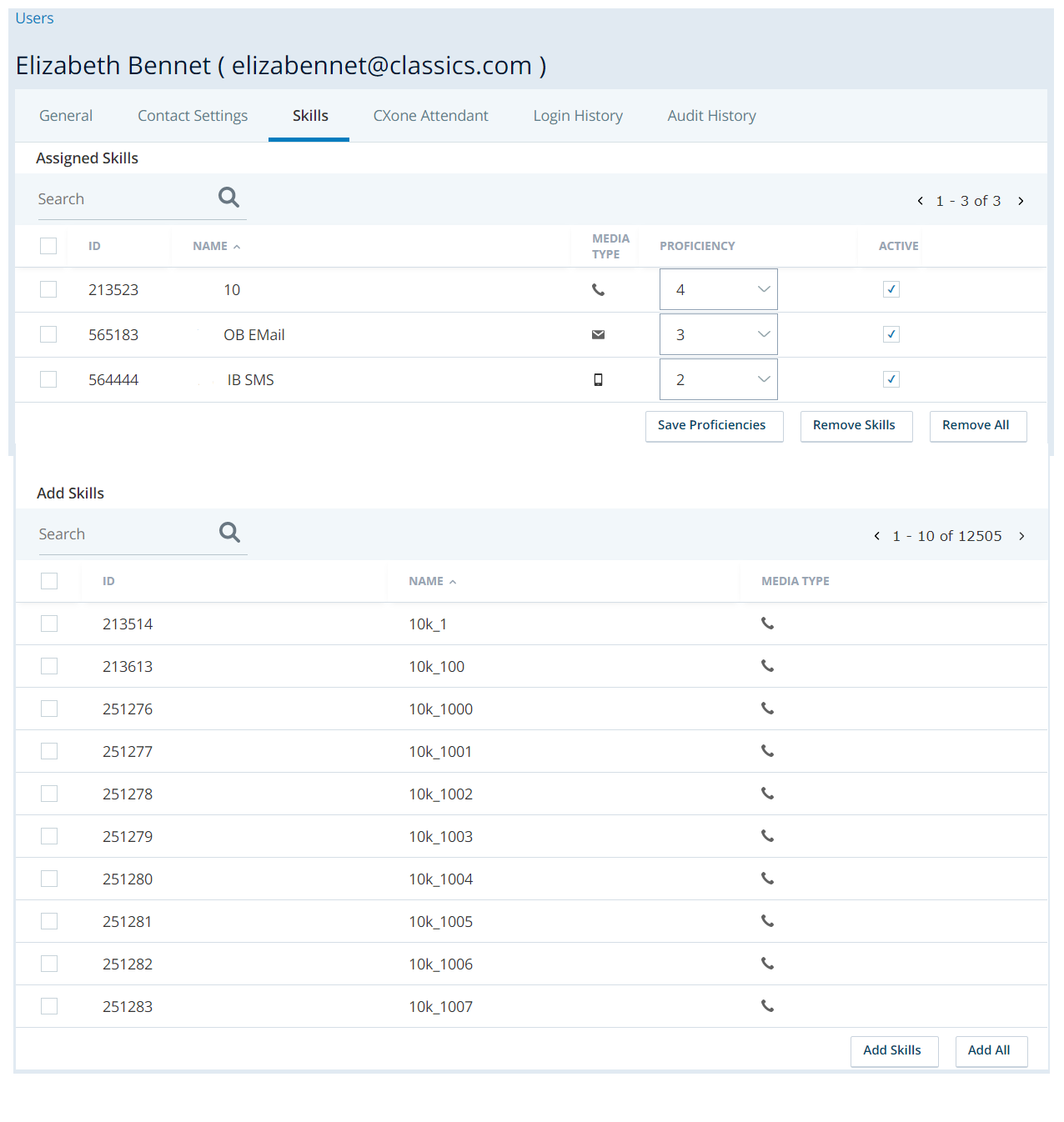 ACD user Skills tab