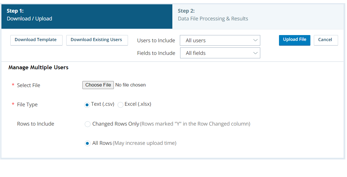 Screenshot of the Central user bulk upload page 