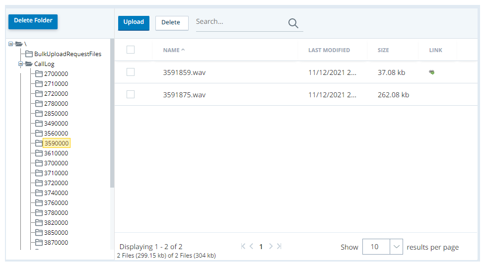 The Browse ACD Files page, showing a call log folder with two call recording WAV files in it. 