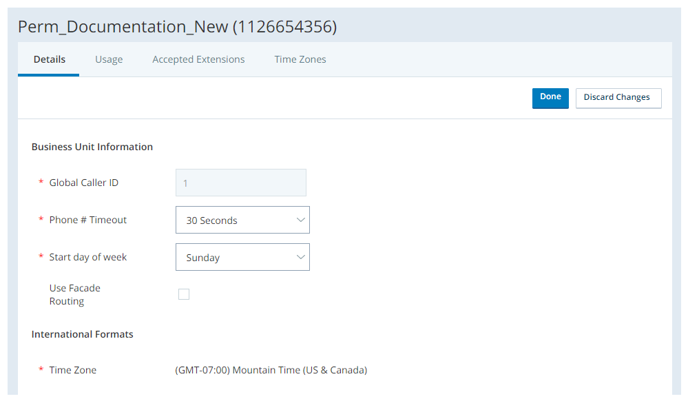Screenshot of the Business Unit Information and Internation Formats sections of the business unit Details tab