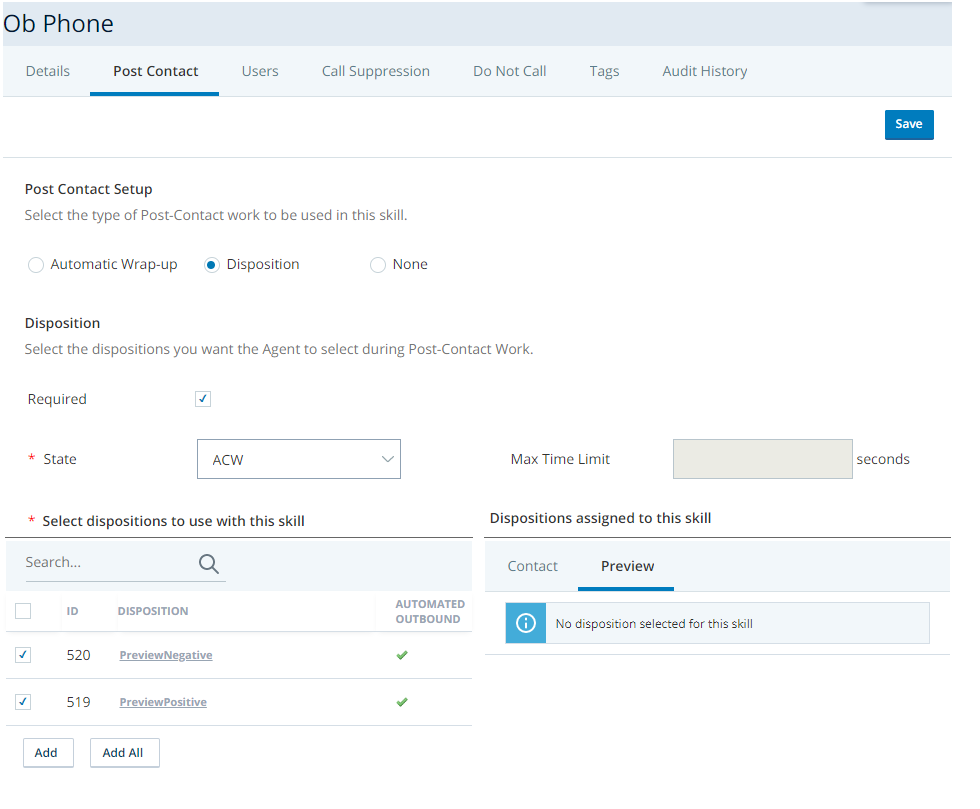 Skill Post Contact tab with preview dispositions being assigned to it