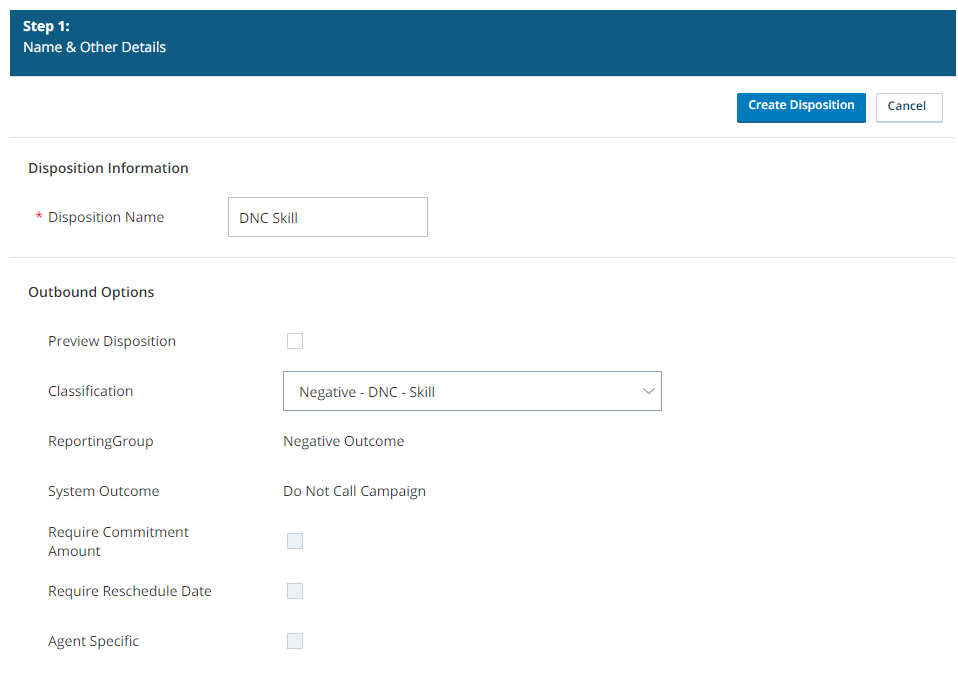 Screen capture of a new skill DNC disposition being created